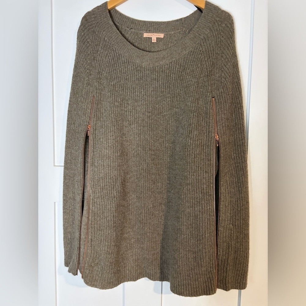 Gibson Latimer Womens 2X Green Ribbed Knit Poncho Sweater Rose Gold Side Zippers